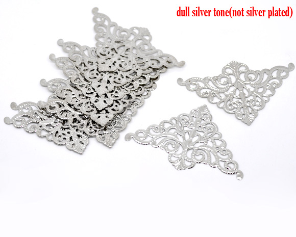 Picture of Silver Tone Filigree Stamping Triangle Wraps Connectors 7.5x4.8cm, sold per packet of 30