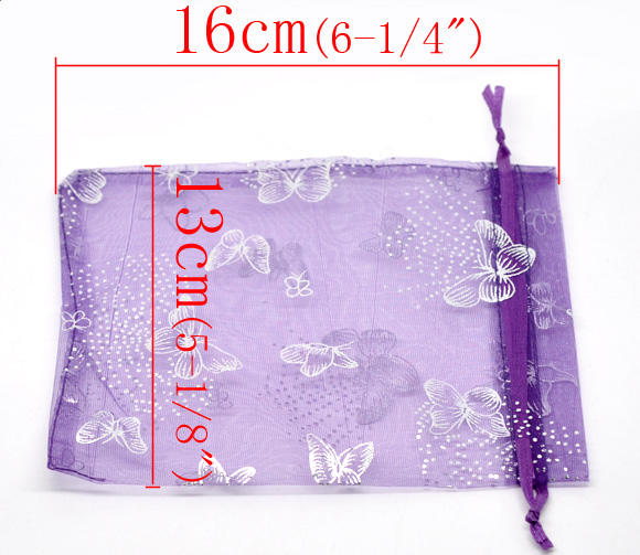 Picture of Wedding Gift Organza Jewelry Bags Drawstring Rectangle Dark Purple Butterfly Pattern 16cm x13cm(6 2/8" x5 1/8"), 50 PCs