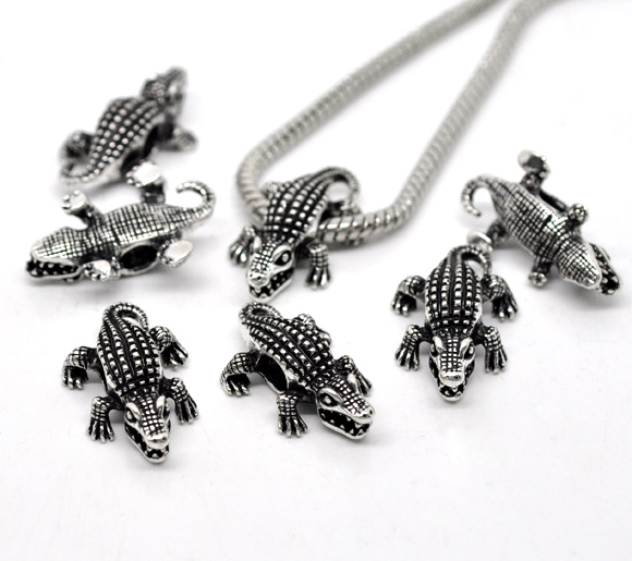Picture of Zinc Metal Alloy European Style Large Hole Charm Beads Crocodile Antique Silver About 25mm x 16mm, Hole: Approx 4.8mm, 10 PCs