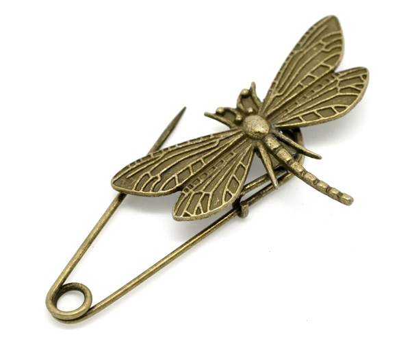 Picture of Antique Bronze Dragonfly Safety Pins Brooches 6.9x3cm, sold per pack of 10