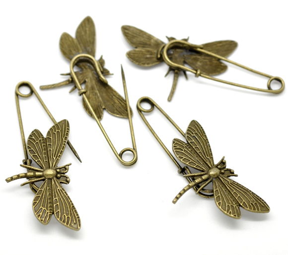 Picture of Antique Bronze Dragonfly Safety Pins Brooches 6.9x3cm, sold per pack of 10