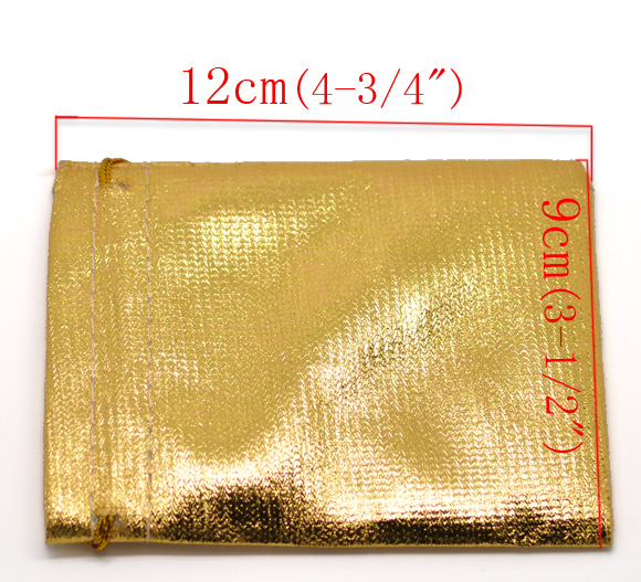 Picture of Wedding Gift Terylene Cloth Jewelry Bags Drawstring Rectangle Golden 12cm x9cm(4 6/8" x3 4/8"), 100 PCs