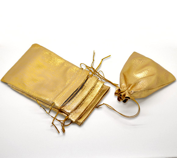 Picture of Wedding Gift Terylene Cloth Jewelry Bags Drawstring Rectangle Golden 12cm x9cm(4 6/8" x3 4/8"), 100 PCs