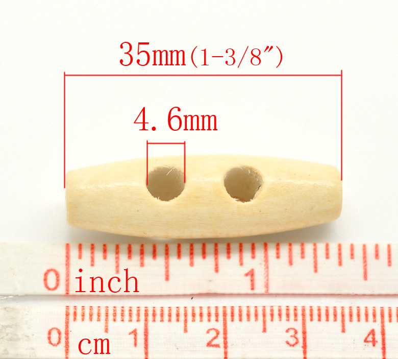 Picture of Wood Sewing Toggle Buttons 2 Holes Oval Beige 35mm(1 3/8") x 11mm( 3/8"), 50 PCs