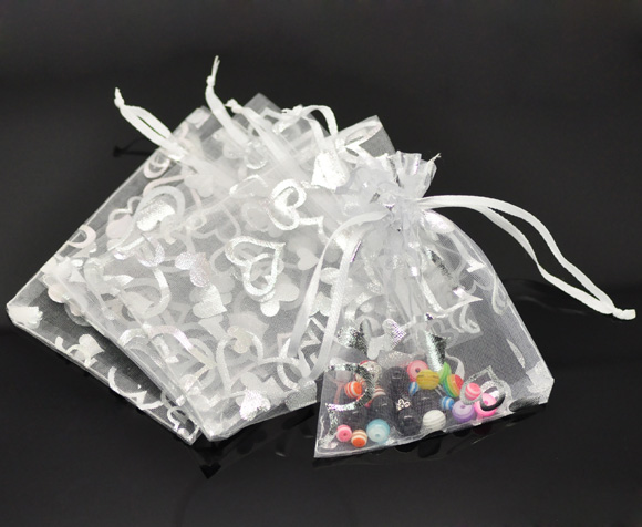 Picture of Wedding Gift Organza Jewelry Bags Drawstring Rectangle White Heart Pattern 12cm x9cm(4 6/8" x3 4/8"), 100 PCs
