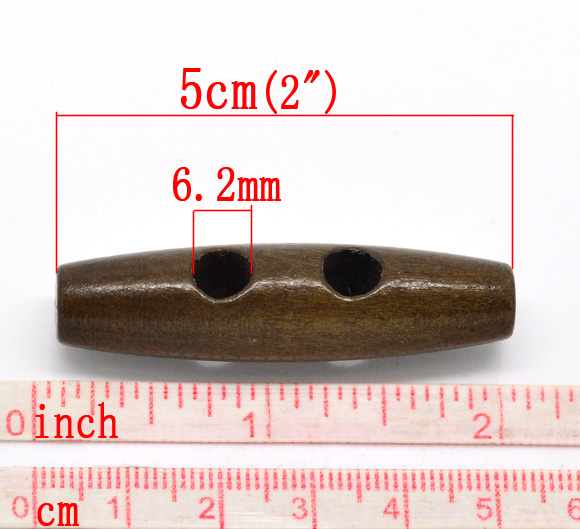Picture of Wood Sewing Toggle Button 2 Holes Oval Dark Coffee 50mm(2") x 13mm( 4/8"), 30 PCs