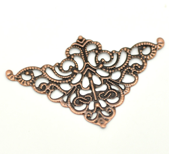 Picture of Filigree Stamping Embellishments Findings Triangle Antique Copper Flower Hollow Pattern 5cm(2") x 3.2cm(1 2/8"), 100 PCs
