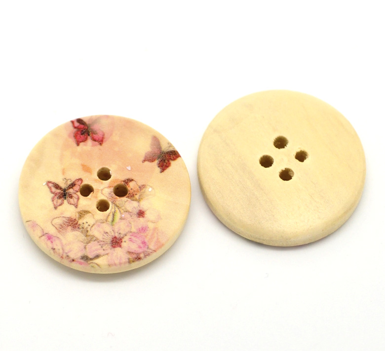 Picture of Wood Sewing Buttons Scrapbooking 4 Holes Round Multicolor Butterfly Pattern 3cm(1 1/8") Dia, 30 PCs