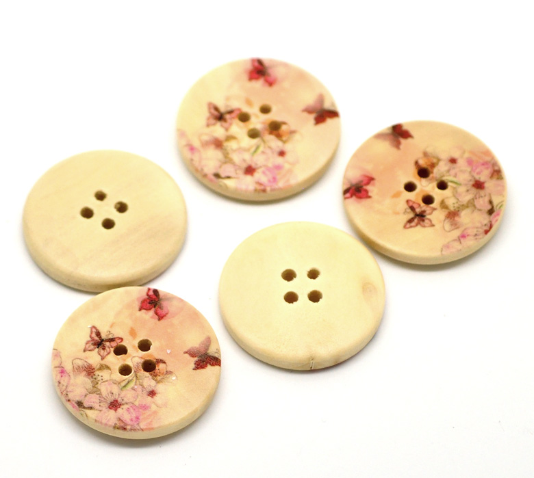 Picture of Wood Sewing Buttons Scrapbooking 4 Holes Round Multicolor Butterfly Pattern 3cm(1 1/8") Dia, 30 PCs