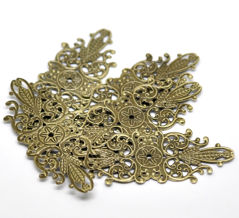 Picture of 30 Antique Bronze Filigree Stamping Flower Wraps Connectors Embellishments Findings 8.5x3.4cm(3-3/8"x1-3/8")