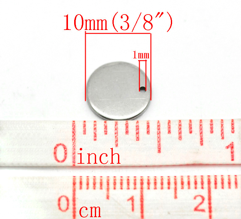 Picture of 304 Stainless Steel Blank Stamping Tags Charms Round Silver Tone Roller Burnishing 10mm Dia., 50 PCs