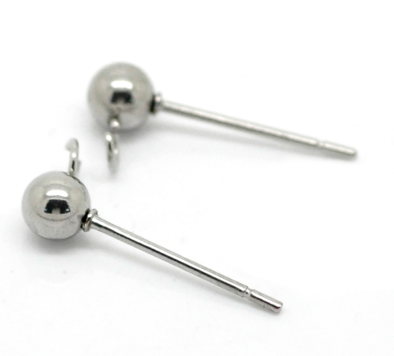 Picture of 304 Stainless Steel Ear Post Stud Earrings Findings Ball Silver Tone W/ Loop 16mm( 5/8") x 7mm( 2/8"), Post/ Wire Size: (21 gauge), 20 PCs