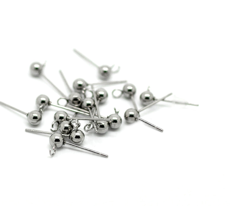 Picture of 304 Stainless Steel Ear Post Stud Earrings Findings Ball Silver Tone W/ Loop 16mm( 5/8") x 7mm( 2/8"), Post/ Wire Size: (21 gauge), 20 PCs