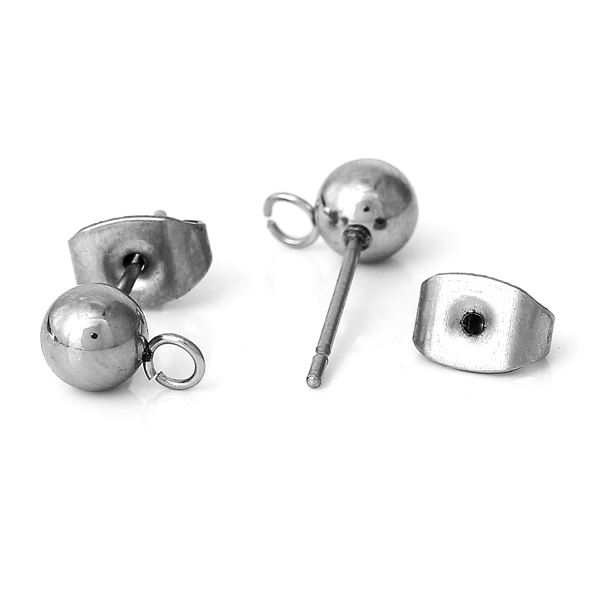 Picture of 304 Stainless Steel Ear Post Stud Earrings Findings Ball Silver Tone W/ Loop 17mm( 5/8") x 8mm( 3/8"), Post/ Wire Size: (21 gauge), 20 PCs