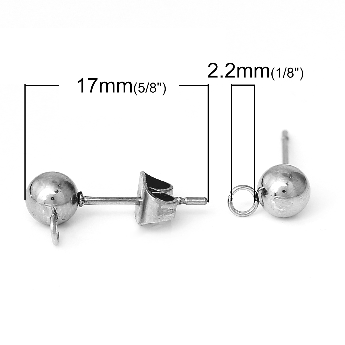 Picture of 304 Stainless Steel Ear Post Stud Earrings Findings Ball Silver Tone W/ Loop 17mm( 5/8") x 8mm( 3/8"), Post/ Wire Size: (21 gauge), 20 PCs
