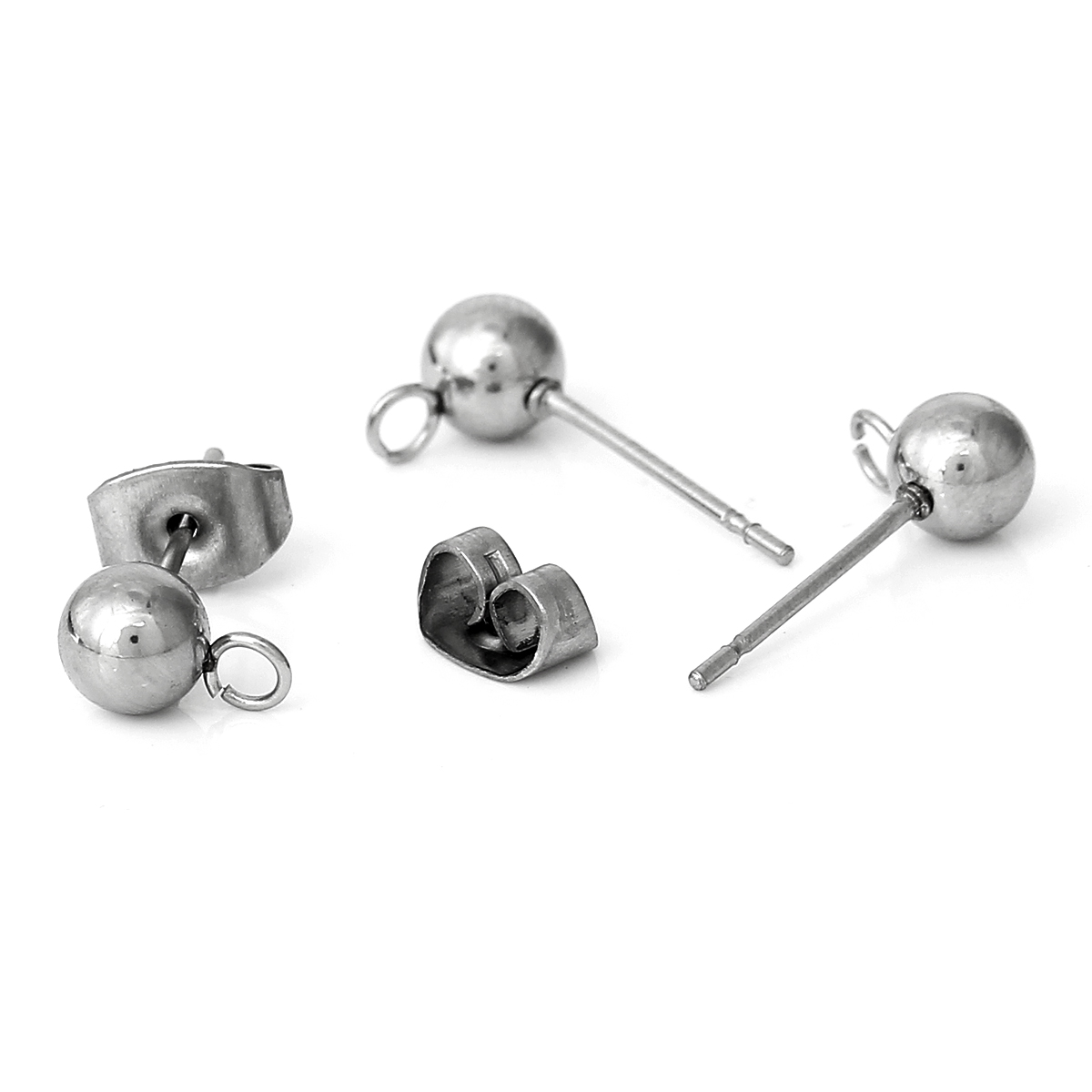 Picture of 304 Stainless Steel Ear Post Stud Earrings Findings Ball Silver Tone W/ Loop 17mm( 5/8") x 8mm( 3/8"), Post/ Wire Size: (21 gauge), 20 PCs