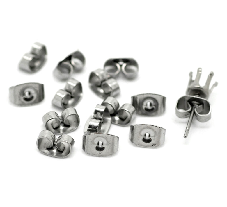 Picture of 304 Stainless Steel Ear Nuts Post Stopper Earring Findings Butterfly Silver Tone 6mm x4mm( 2/8" x 1/8"), 100 PCs