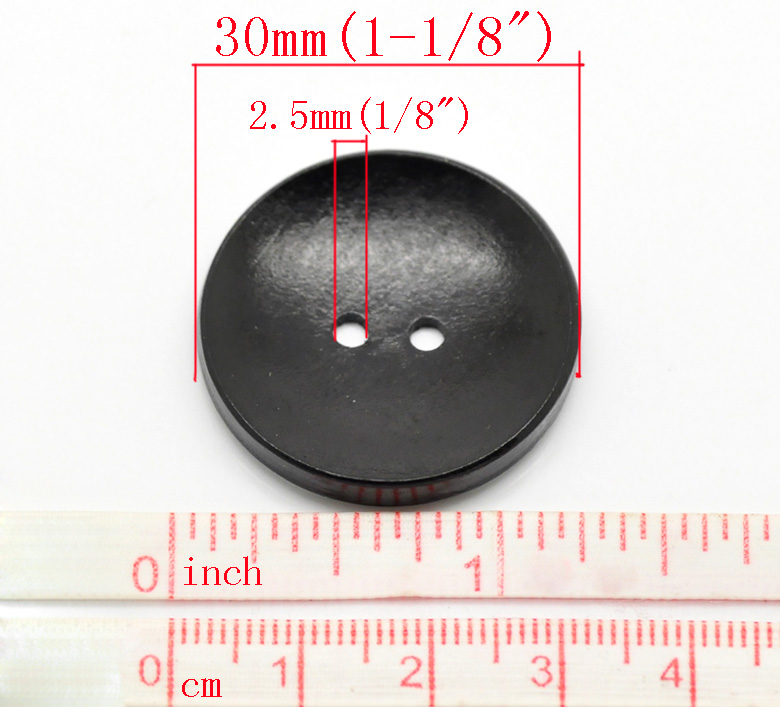 Picture of Wood Sewing Button Scrapbooking Round Black 2 Holes 3cm(1 1/8") Dia, 30 PCs