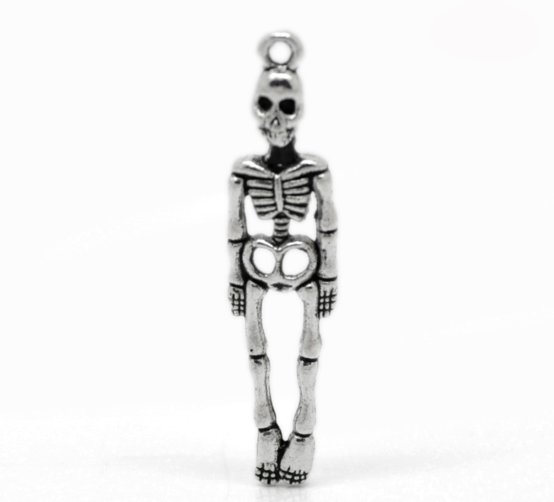 Picture of 50PCs Antique Silver Color Halloween Skeleton Body Skull Charm Pendants 39x9mm(1 4/8"x3/8")