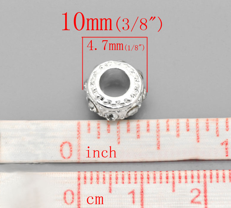 Picture of Zinc Metal Alloy European Style Large Hole Charm Beads Round Silver Plated Clear Rhinestone About 10mm Dia, Hole: Approx 4.7mm, 10 PCs