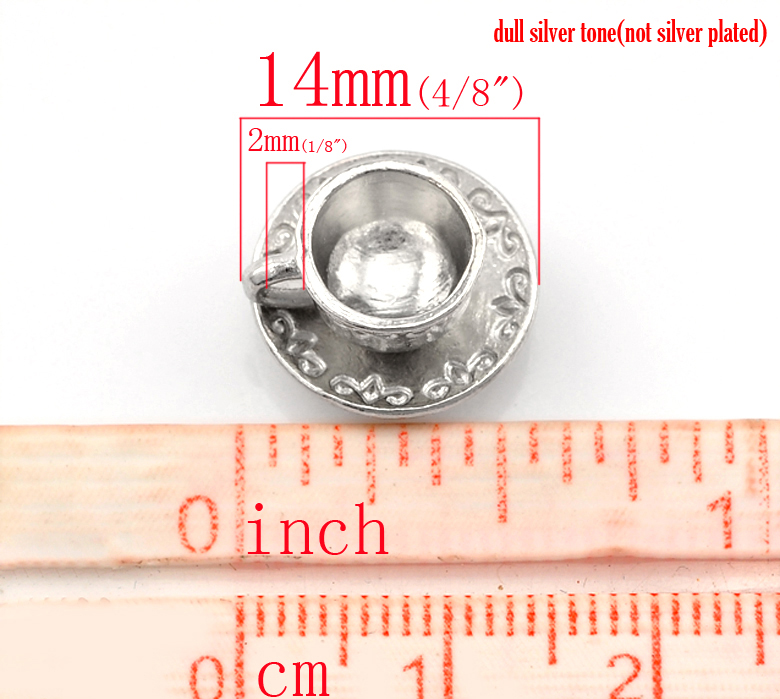 Picture of Zinc Metal Alloy 3D Tableware Charms Cup & Saucer Silver Tone 14mm( 4/8") x 8mm( 3/8"), 20 PCs