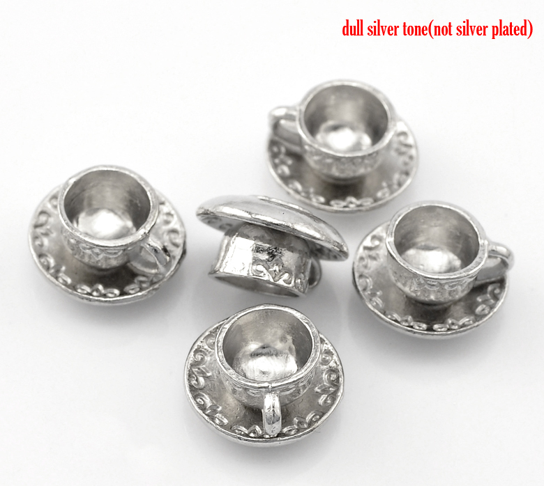 Picture of Zinc Metal Alloy 3D Tableware Charms Cup & Saucer Silver Tone 14mm( 4/8") x 8mm( 3/8"), 20 PCs