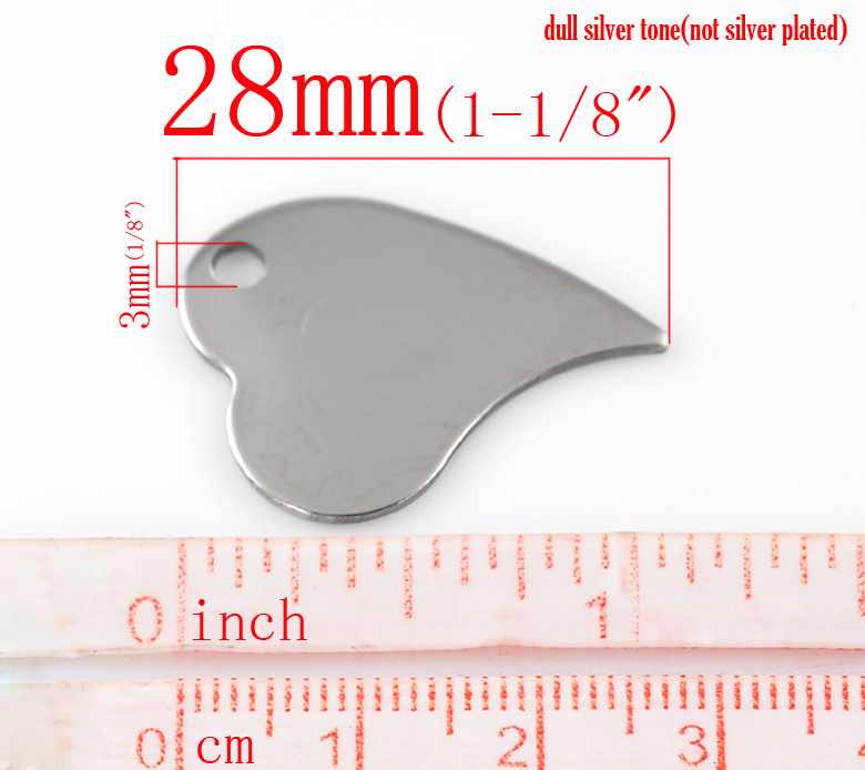 Picture of 304 Stainless Steel Blank Stamping Tags Charms Heart Silver Tone Roller Burnishing 28mm x 21mm, 10 PCs