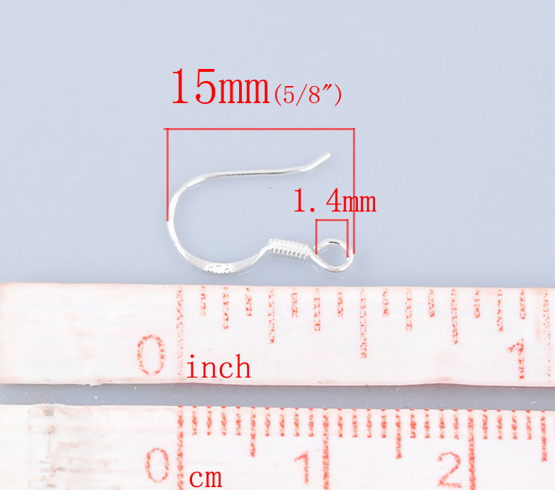 Picture of Sterling Silver Ear Wire Hooks Earring Findings Silver 15mm( 5/8") x 14mm( 4/8"), Post/ Wire Size: (24 gauge), 10 PCs