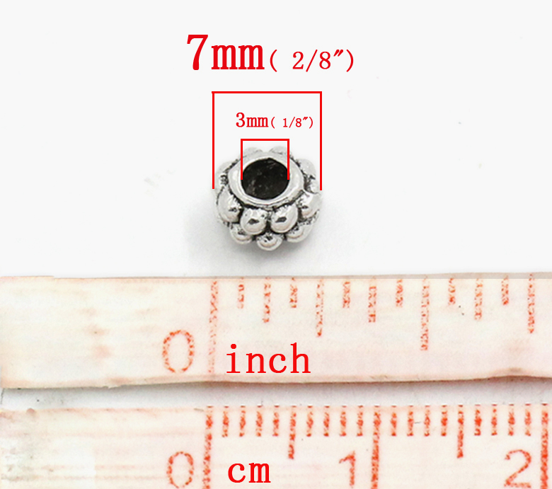 Picture of Zinc Based Alloy Spacer Beads Flower Antique Silver Dot Carved About 7mm Dia, Hole:Approx 3mm, 100 PCs