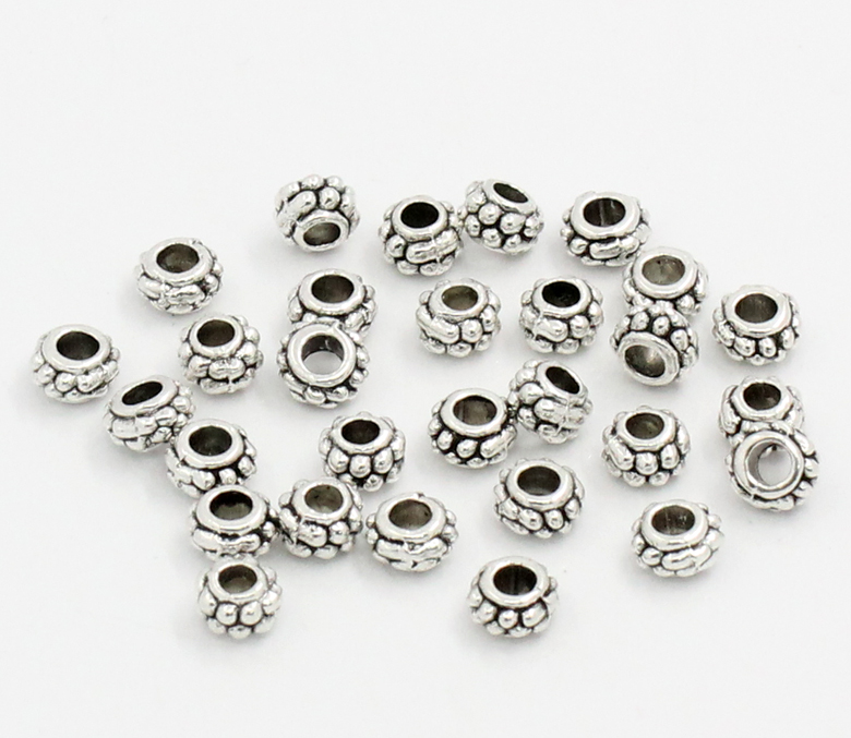 Picture of Zinc Based Alloy Spacer Beads Flower Antique Silver Dot Carved About 7mm Dia, Hole:Approx 3mm, 100 PCs