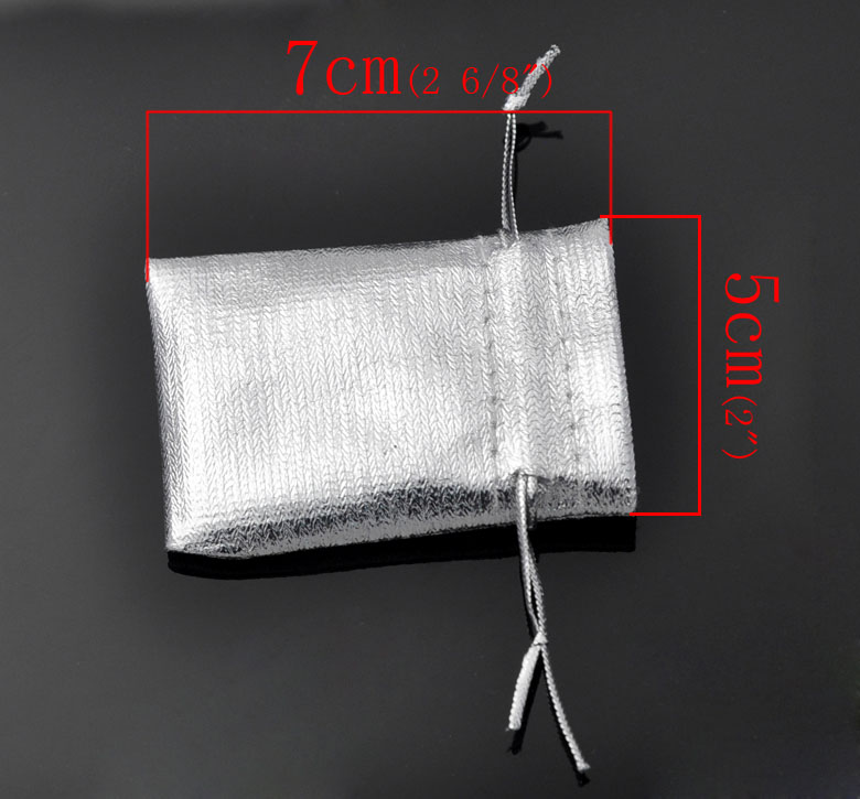 Picture of Wedding Gift Terylene Cloth Jewelry Bags Drawstring Rectangle Silver 7cm x5cm(2 6/8" x2"), 100 PCs
