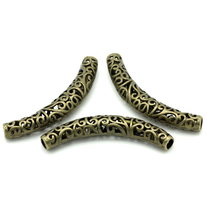 Picture of Zinc Based Alloy Spacer Beads Curved Tube Antique Bronze Filigree About 66mm x 11mm, Hole:Approx 5.6mm, 5 PCs