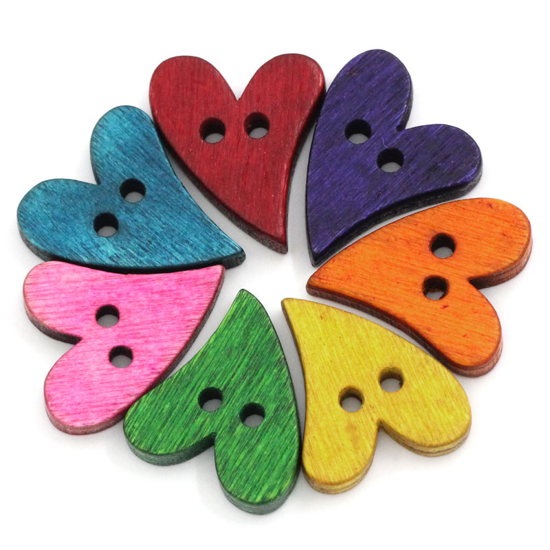 Picture of Wood Sewing Buttons Scrapbooking 2 Holes Heart At Random 21mm(7/8") x 17mm( 5/8"), 100 PCs