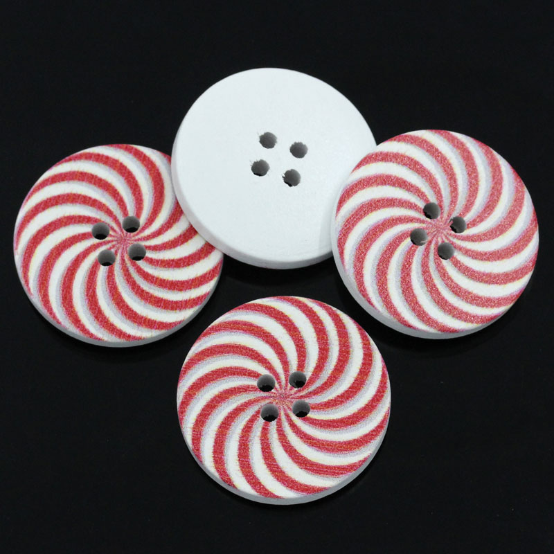 Picture of Wood Sewing Buttons Scrapbooking 4 Holes Round Red Spiral Pattern 3cm(1 1/8") Dia, 30 PCs