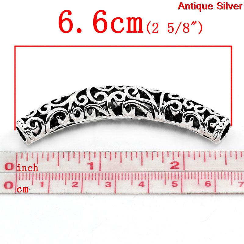 Picture of Zinc Based Alloy Spacer Beads Curved Tube Antique Silver Flower Hollow Carved About 66mm x 12mm, Hole:Approx 6mm, 5 PCs