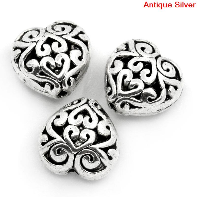 Picture of Zinc Based Alloy Beads Heart Antique Silver Color Carved Pattern Color Plated About 13mm x 13mm, Hole: Approx 1.2mm, 20 PCs