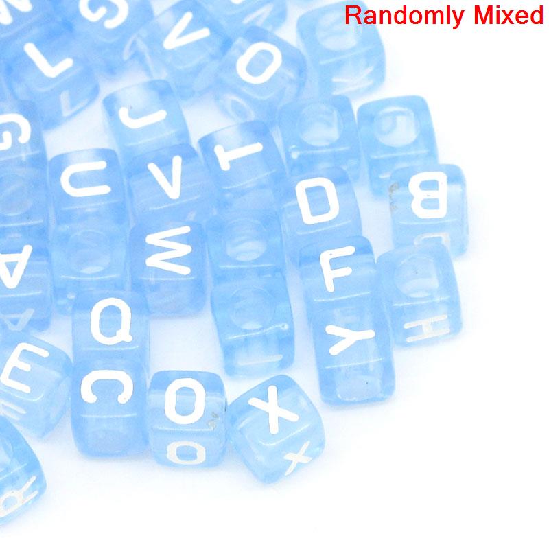 Picture of Acrylic Spacer Beads Cube Blue At Random Alphabet/ Letter "A-Z" About 6mm x 6mm, Hole: Approx 3.4mm, 300 PCs