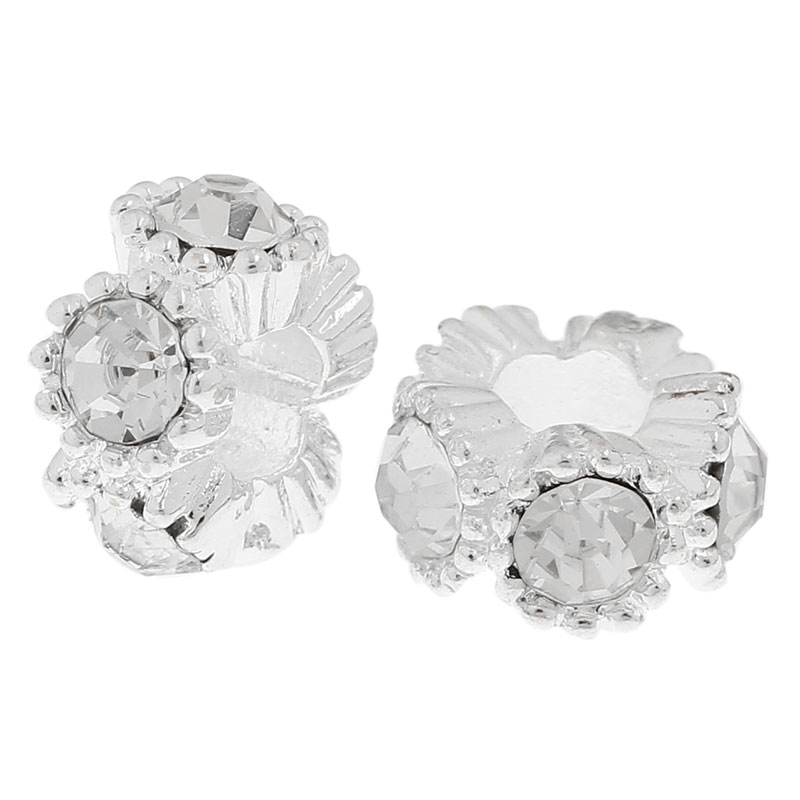 Picture of Zinc Metal Alloy European Style Large Hole Charm Beads Round Silver Plated Clear Rhinestone 13mm Dia, Hole: Approx 5.2mm, 10 PCs