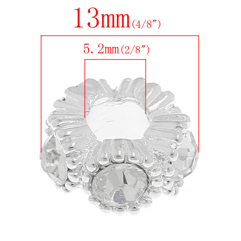 Picture of Zinc Metal Alloy European Style Large Hole Charm Beads Round Silver Plated Clear Rhinestone 13mm Dia, Hole: Approx 5.2mm, 10 PCs