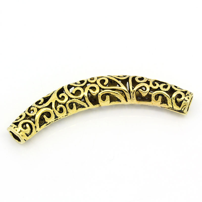 Picture of Zinc Based Alloy Filigree Spacer Beads Curved Tube Gold Tone Antique Gold Flower Hollow Carved About 66mm x 12mm, Hole:Approx 5.2mm-6mm, 5 PCs