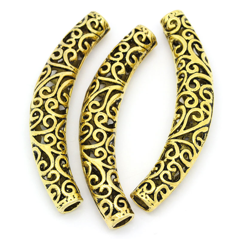 Picture of Zinc Based Alloy Filigree Spacer Beads Curved Tube Gold Tone Antique Gold Flower Hollow Carved About 66mm x 12mm, Hole:Approx 5.2mm-6mm, 5 PCs