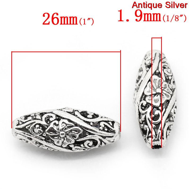 Picture of Zinc Based Alloy Filigree Spacer Beads Oval Antique Silver Flower Hollow Carved About 26mm x 11mm, Hole:Approx 1.9mm, 10 PCs