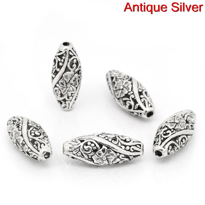 Picture of Zinc Based Alloy Filigree Spacer Beads Oval Antique Silver Flower Hollow Carved About 26mm x 11mm, Hole:Approx 1.9mm, 10 PCs