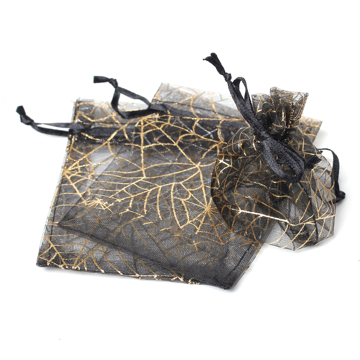 Picture of Wedding Gift Organza Jewelry Bags Drawstring Rectangle Black Spider Web Pattern 11cm x8.5cm(4 3/8" x3 3/8"), 50 PCs