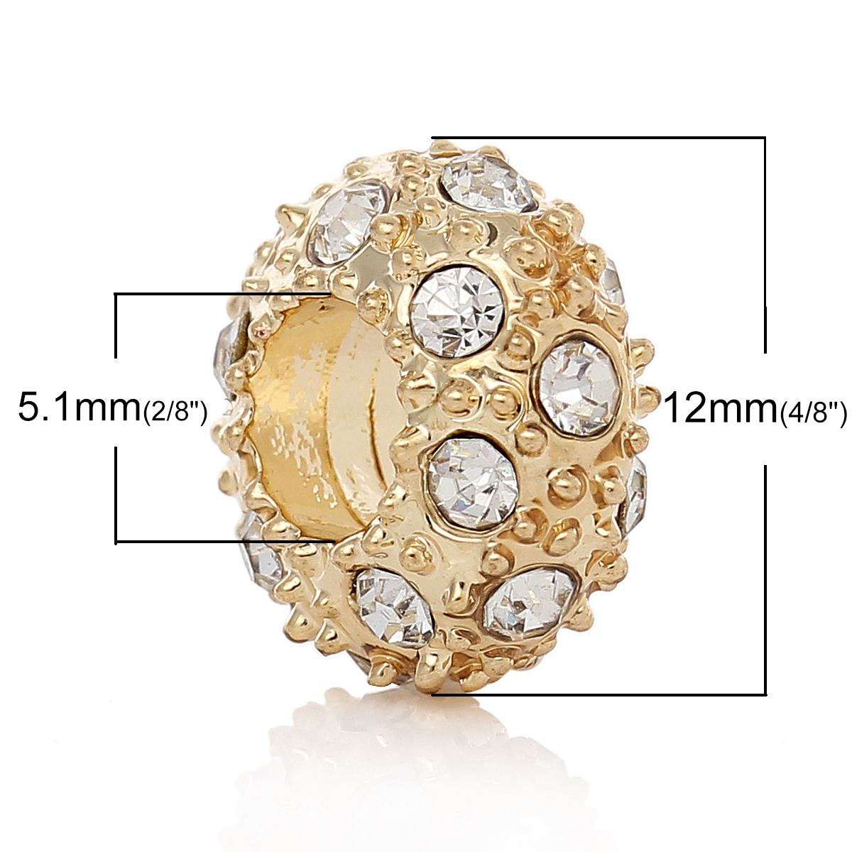 Picture of Zinc Metal Alloy European Style Large Hole Charm Beads Round Gold Plated Clear Rhinestone About 12mm Dia, Hole: Approx 5.1mm, 10 PCs