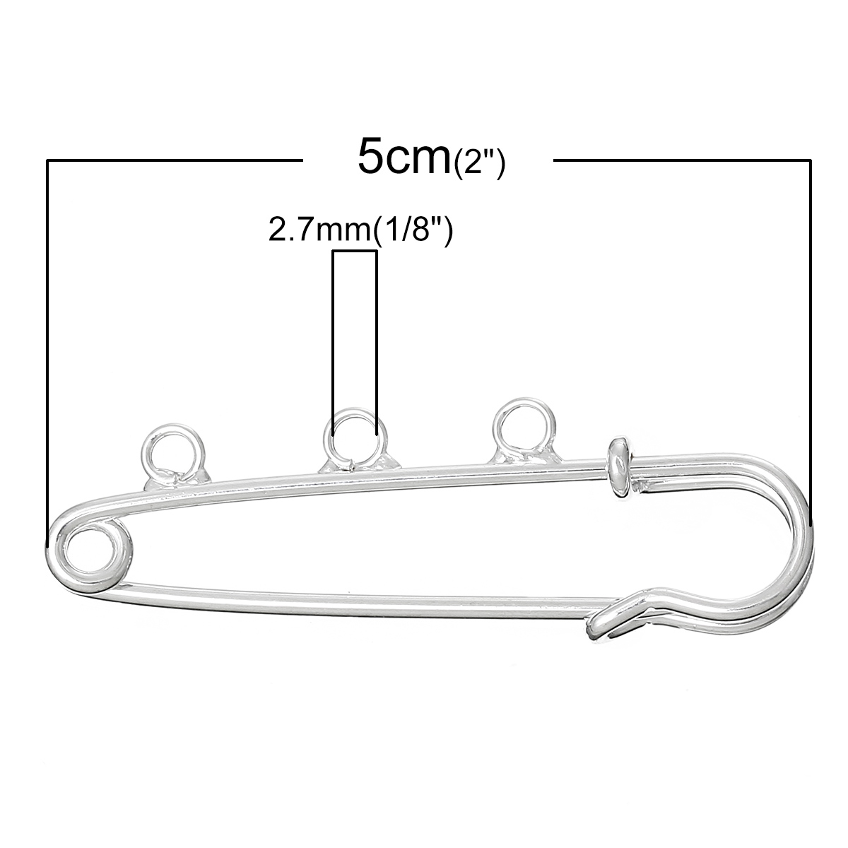Picture of Iron Based Alloy Safety Pin Brooches Connectors Findings Silver Plated 3 Loops 5cm x 1.6cm(2" x 5/8"), 20 PCs