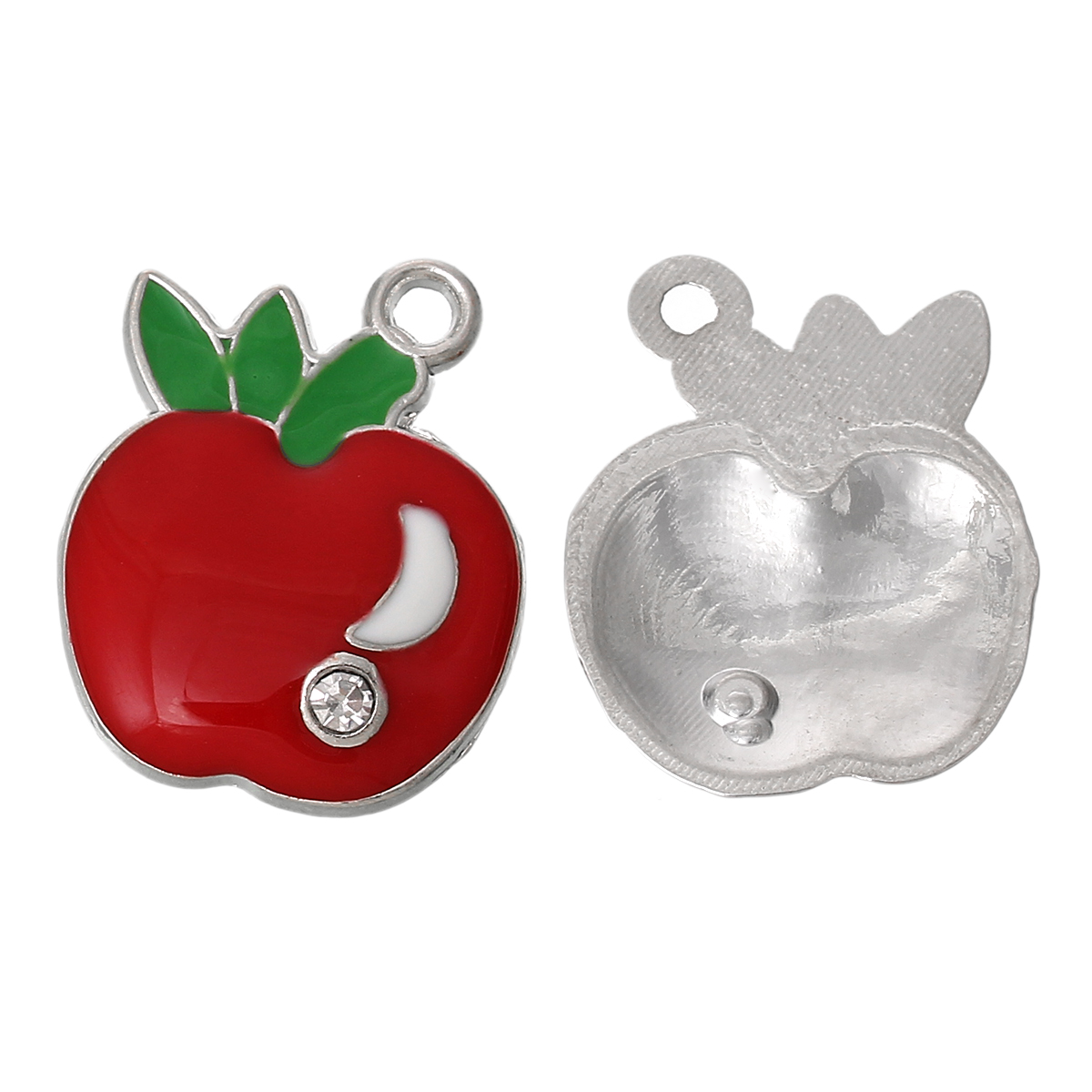 Picture of Zinc Based Alloy Charms Apple Fruit Silver Tone Clear Rhinestone Red & Green Enamel 26mm x 20mm(1" x 6/8"), 20 PCs