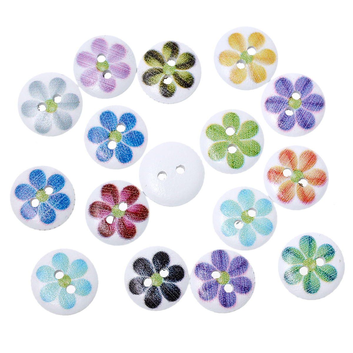Picture of Wood Sewing Buttons Scrapbooking Round At Random 2 Holes Flower Pattern 15mm( 5/8") Dia, 100 PCs