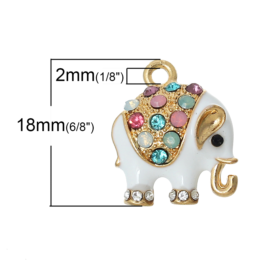 Picture of Zinc Metal Alloy Charm Pendants Elephant Animal Gold Plated Multicolor Rhinestone White Enamel 18mm( 6/8") x 15mm( 5/8"), 5 PCs