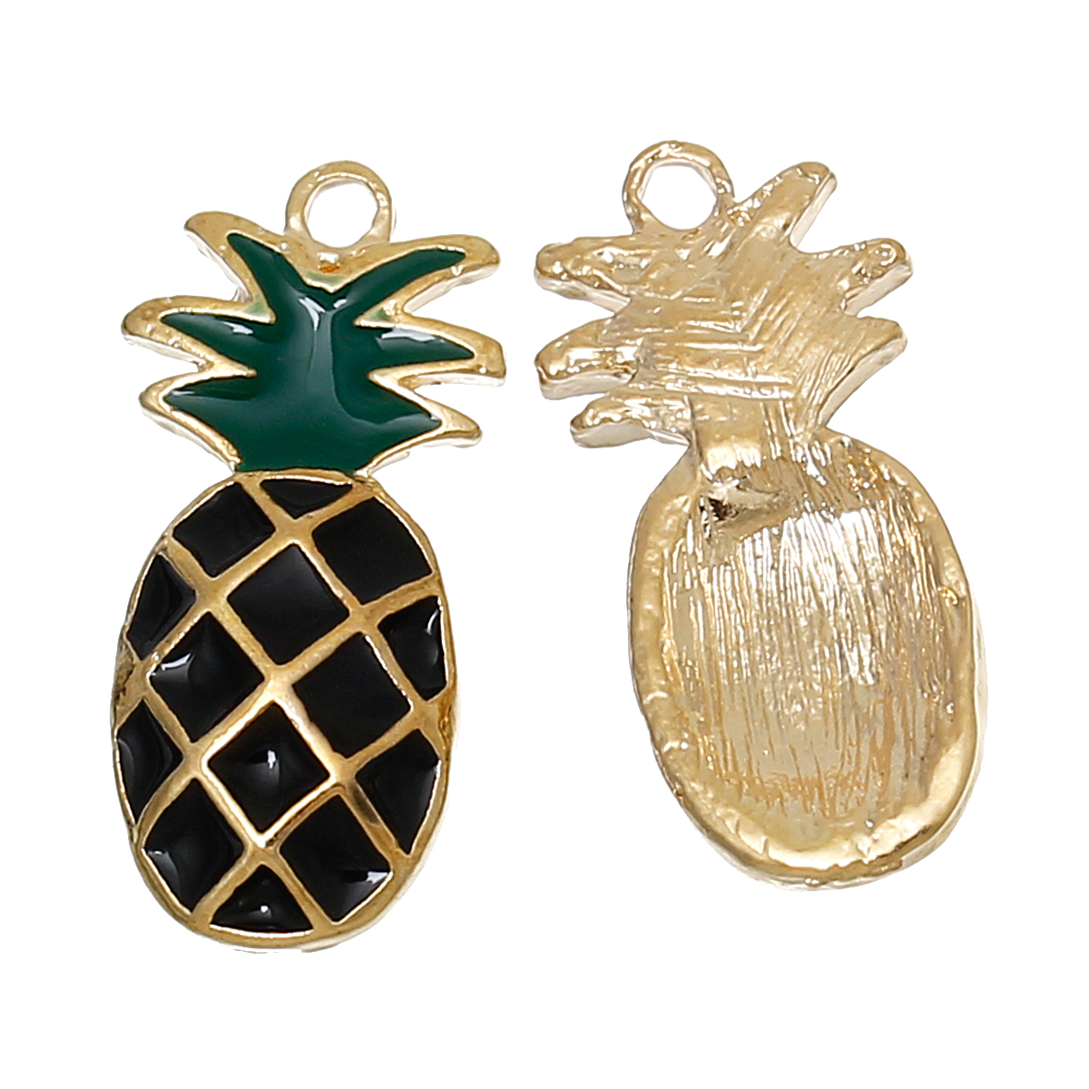 Picture of Zinc Based Alloy Charms Pineapple /Ananas Fruit Gold Plated Black & Green Enamel 24mm(1") x 11mm( 3/8"), 5 PCs